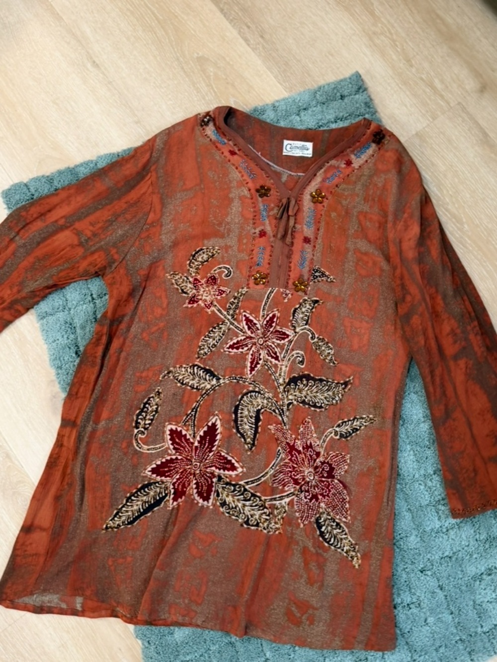 Camellia Embroidered beaded floral Orange brown sequins Batik Tunic Top M